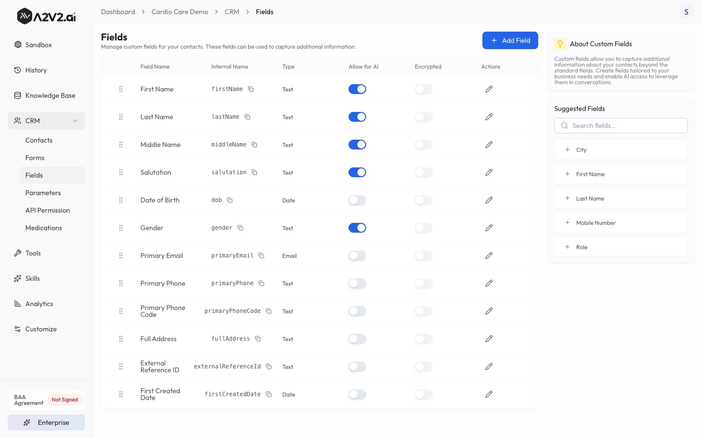 CRM Fields with the Encrypted column