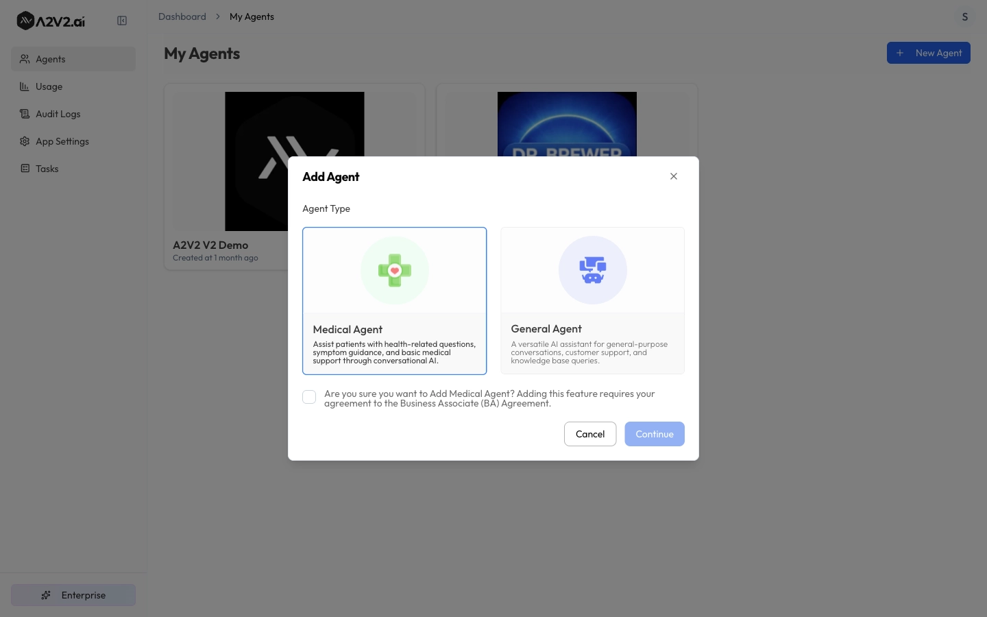 Medical Agent BAA acknowledgment step