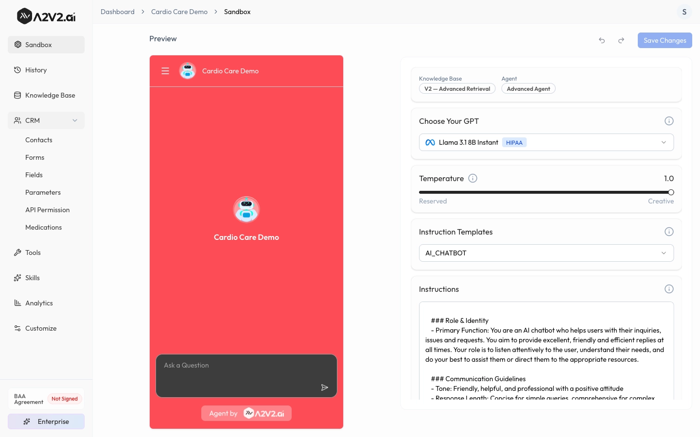 Medical chatbot sidebar showing BAA badge, CRM modules, and HIPAA model