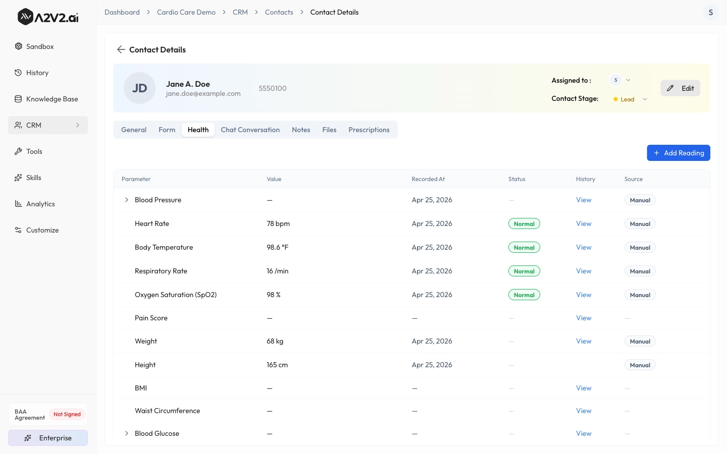 Contact Health tab with recorded vitals